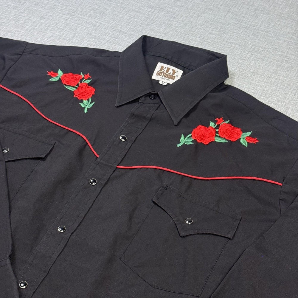 Ely Cattleman Floral Embroidered Western Snap Button Shirt Mens XL Black Cowboy